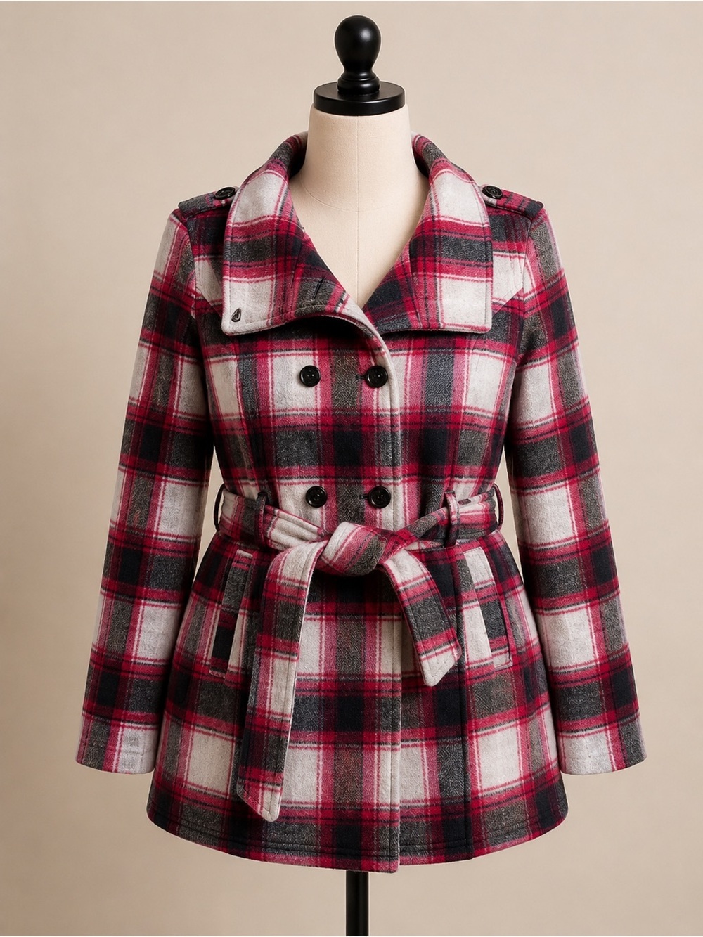 Sebby Plaid Belted Peacoat Jacket XL pink Black gray Wool Blend Coat